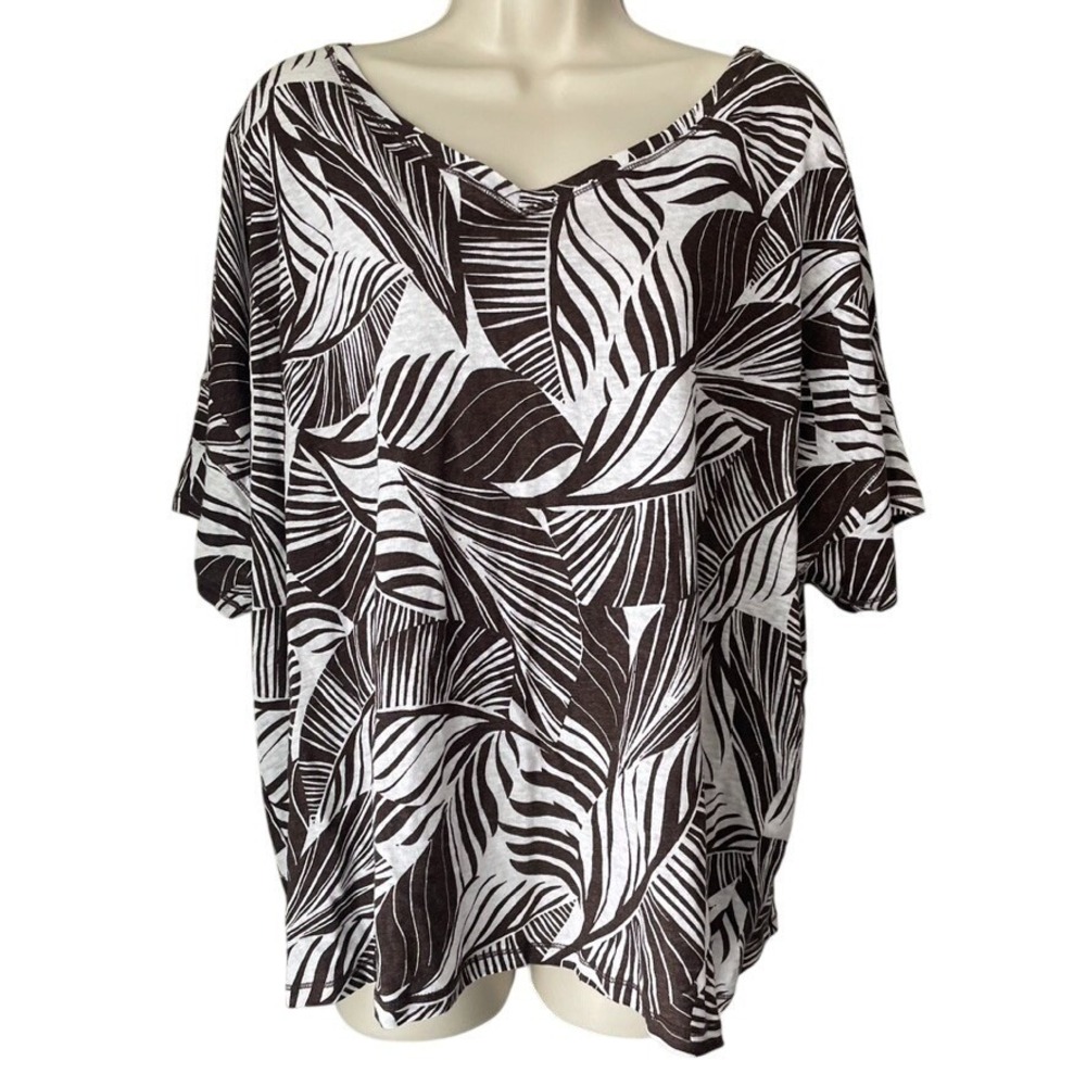 Chico's Brown White Abstract‎ Leaf Print Linen Short Sleeve Top | Womens XXL